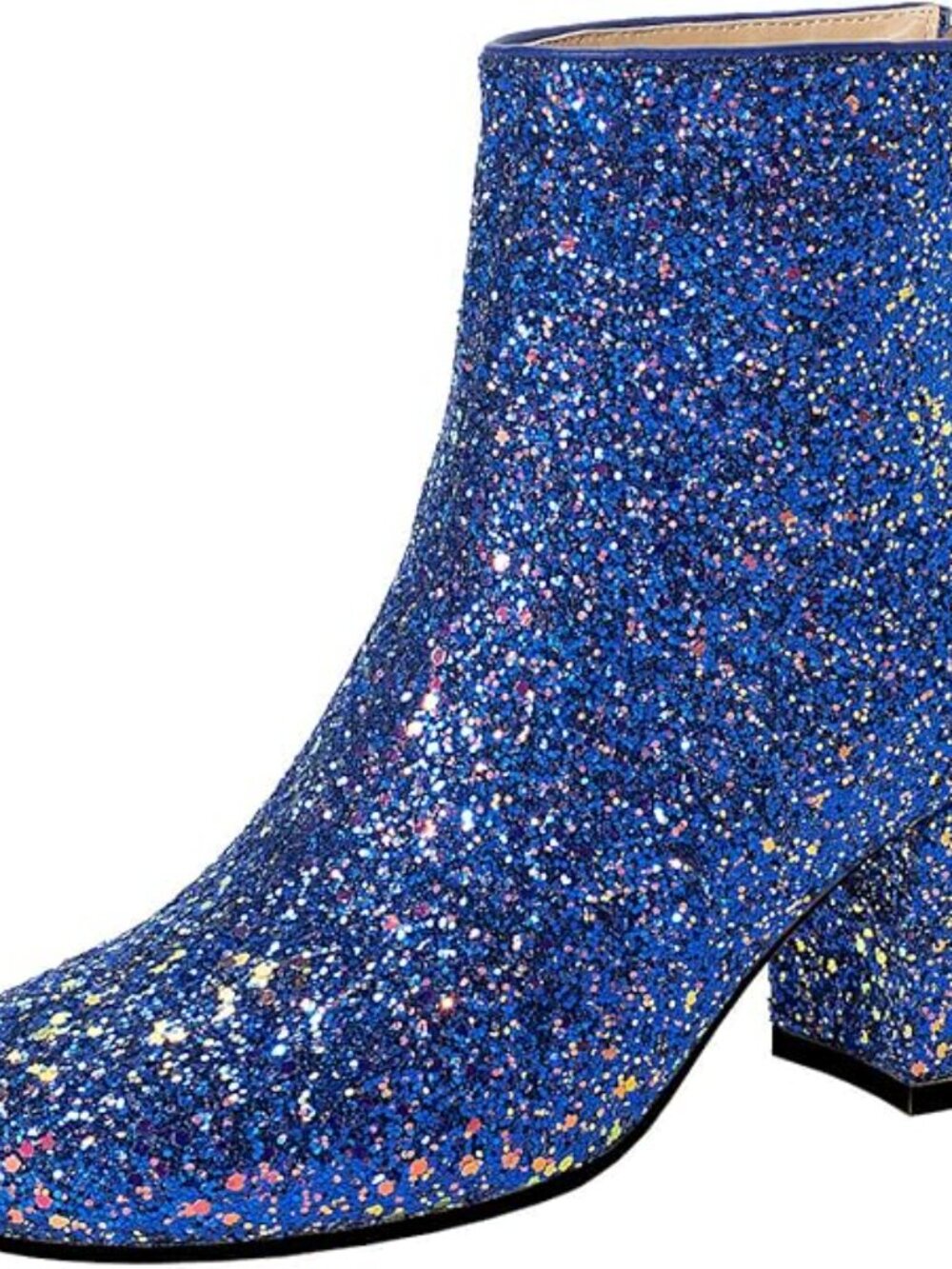 Blue Glitter Pointed Toe Chunky Heel Ankle Boots - Picture 9 of 9
